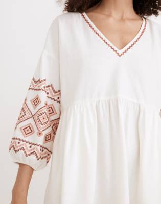 Embroidered-Sleeve Popover Midi Dress